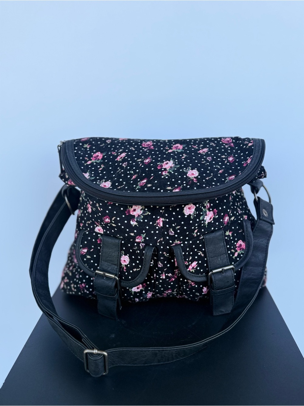 Olsenboye Floral Black Crossbody Backpack - Pink Rose Print 100% cotton